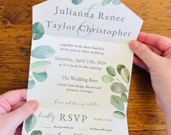 ALL-IN-ONE invitation template with Rsvp card, diy fold and send invite, diy all in one invite, greenery invitation, wedding template