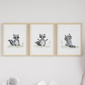 Set Of 3 Cute RACCOON Nursery Prints – Printable WATERCOLOR Woodland Animals Nursery Wall ART