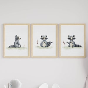 Set of 3 Cute Raccoon Nursery Prints, Woodland Nursery Art, Printable Watercolor Wall Art, Raccoon, Kids Room Decor, Digital Prints