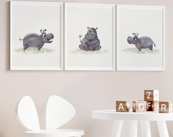 Safari Hippo Nursery Wall Art Printable Set – Cute Animal Safari Prints for Kids Room Decor, Watercolor Baby Room Digital Download