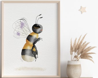 Cute Bumblebee Nursery Print, Bumblebee Nursery Decor, Watercolor Wall Art, Printable Nursery Art, Bee, Kids Room Decoration, Digital Prints