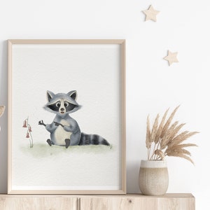 Cute Raccoon Nursery Print, Woodland Nursery Decor, Watercolor Wall Art, Printable Nursery Art, Raccoon, Kids Room Decoration, Digital Print