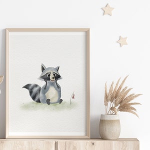 Cute Raccoon Nursery Print, Woodland Nursery Decor, Watercolor Wall Art, Printable Nursery Art, Raccoon, Kids Room Decoration, Digital Print