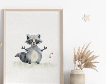 Niedlicher Waschbär, Kinderzimmer Dekor, Wald, Aquarell Wandkunst, druckbare Kunst, Waschbär, Kinderzimmer Dekoration, Digitaldruck