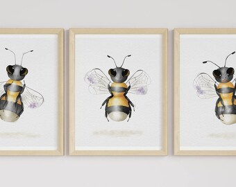 Set of 3 Bumblebee Nursery Prints, Bumblebee Nursery Decor, Watercolor Wall Art, Printable Nursery Art, Bee, Kids Room Decor, Digital Prints
