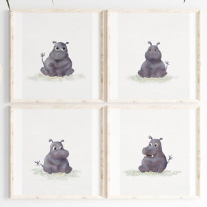 Set of 4 Cute Hippo Nursery Prints, Safari Nursery Decor, Watercolor Wall Art, Printable Nursery Art, Hippos, Kids Room Decor, Digital Print