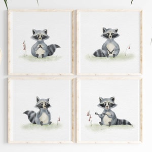 Set of 4 Cute Raccoon Nursery Prints, Woodland Nursery Art, Printable Watercolor Wall Art, Raccoon, Kids Room Decor, Digital Prints