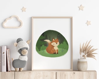 Impressão de berçário de raposa fofa, decoração de berçário de floresta, arte de parede de floresta, arte de berçário para impressão, raposa, decoração de quarto infantil, download digital