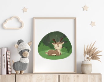 Stampa della scuola materna dei cervi carini, arredamento della scuola materna del bosco, arte della parete della foresta, arte stampabile della scuola materna, cervo, decorazione della camera dei bambini, download digitale