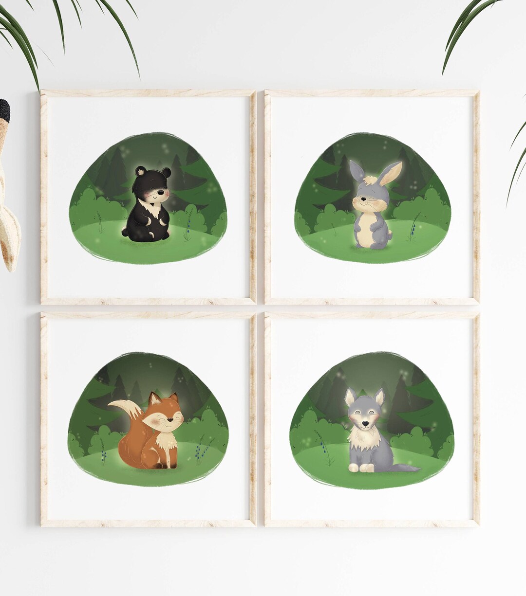 Bear Rabbit Fox Set of 4 Cute Bear, Rabbit, Fox, Wolf Nursery Prints, Woodland Nursery ...