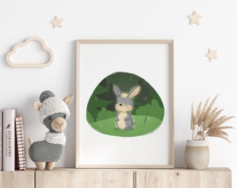 Cute Rabbit Nursery Print, Woodland Nursery Decor, Forest Wall Art, Printable Nursery Art, Rabbit, Kids Room Decoration, Digital Download