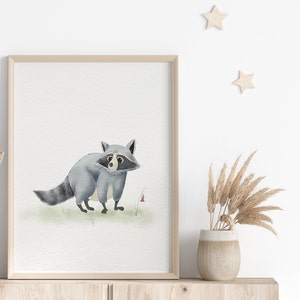 Cute Raccoon Nursery Print, Woodland Nursery Decor, Watercolor Wall Art, Printable Nursery Art, Raccoon, Kids Room Decoration, Digital Print
