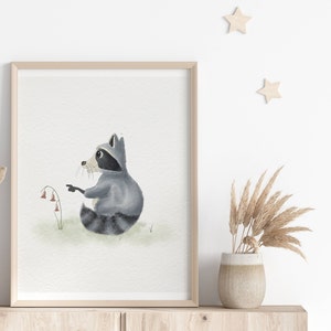 Cute Raccoon Nursery Print, Woodland Nursery Decor, Watercolor Wall Art, Printable Nursery Art, Raccoon, Kids Room Decoration, Digital Print