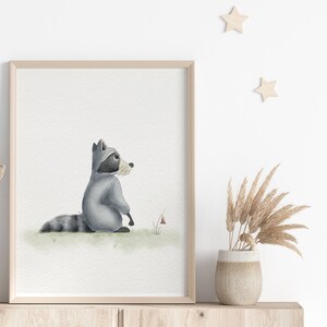 Cute Raccoon Nursery Print, Woodland Nursery Decor, Watercolor Wall Art, Printable Nursery Art, Raccoon, Kids Room Decoration, Digital Print