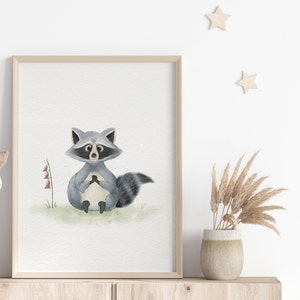 Cute Raccoon Nursery Print, Woodland Nursery Decor, Watercolor Wall Art, Printable Nursery Art, Raccoon, Kids Room Decoration, Digital Print