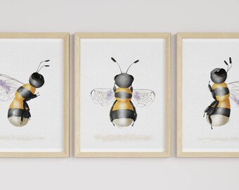 Set of 3 Bumblebee Nursery Prints, Bumblebee Nursery Decor, Watercolor Wall Art, Printable Nursery Art, Bee, Kids Room Decor, Digital Prints
