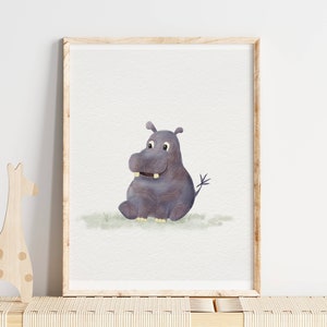 Cute Hippo Nursery Print, Safari Nursery Decor, Watercolor Wall Art, Printable Nursery Art, Hippos, Kids Room Decoration, Digital Prints