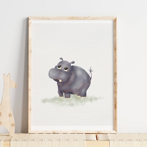 Cute Hippo Nursery Print, Safari Nursery Decor, Watercolor Wall Art, Printable Nursery Art, Hippos, Kids Room Decoration, Digital Prints
