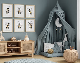6er-Set Hummel Kinderzimmer Poster, Hummel Kinderzimmer Dekor, Aquarell Wandkunst, Druckbare Kunst für Kinderzimmer, Biene, Kinderzimmer Dekor, Digitaldrucke