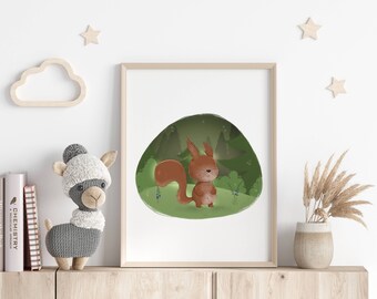 Cute Squirrel Nursery Print, Woodland Nursery Decor, Forest Wall Art, Printable Nursery Art, Squirrel, Kids Room Decoration, Digital Print