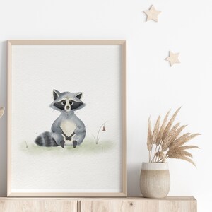 Cute Raccoon Nursery Print, Woodland Nursery Decor, Watercolor Wall Art, Printable Nursery Art, Raccoon, Kids Room Decoration, Digital Print