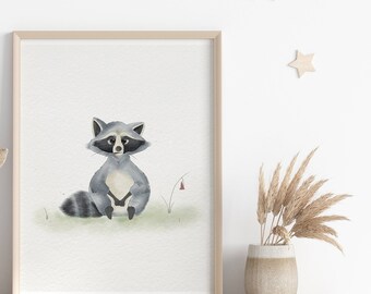 Niedlicher Waschbär, Kinderzimmer Dekor, Wald, Aquarell Wandkunst, druckbare Kunst, Waschbär, Kinderzimmer Dekoration, Digitaldruck