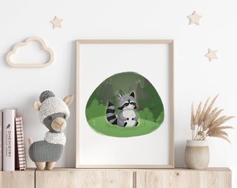 Cute Raccoon Nursery Print, Woodland Nursery Decor, Forest Wall Art, Printable Nursery Art, Raccoon, Kids Room Decoration, Digital Download