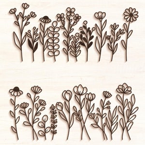 Prato di fiori selvatici SVG, file tagliati al laser Glowforge, Silhouette Cricut, campo di fiori, contorno di arte floreale, piante, erba, foglie, natura, margherita