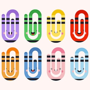 May include: A collection of eight colorful paperclips with smiling faces. Each clip has a unique color, including purple, green, yellow, red, orange, blue, pink, and light blue. The clips have black and white striped accents.