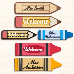 Teacher Name Pencil Crayon Sign Bundle SVG, Laser Cut Files Glowforge, Back to School Welcome Shelf Sitter Appreciation Gift Personalized
