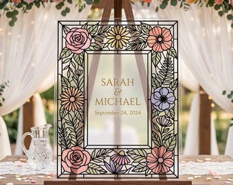 Cartello di benvenuto per matrimonio con effetto vetrata decorativa a tema fiori selvatici, modello Canva (download digitale)