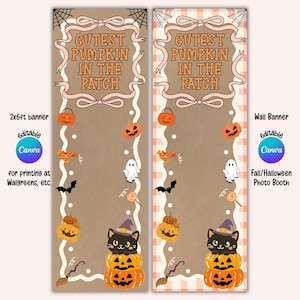 May include: Two vertical rectangular banners featuring the text "CUTEST PUMPKIN IN THE PATCH" in orange letters. The designs include illustrations of pumpkins, a ghost, a bat, a black cat in a witch hat, and a broomstick on a brown background.