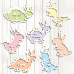 7 Kinder Name süße Dinosaurier Osterkorb Tags SVG, Laser Cut Dateien Glowforge Silhouette Cricut, personalisierter Name, Dino Rawr Schule Schlüsselbund