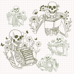 Puede incluir: Ilustración digital de esqueletos en diversas poses. Algunos leen libros, otros están rodeados de flores y mariposas. El estilo es de línea, con una paleta de colores neutros, sobre un fondo cuadriculado.
