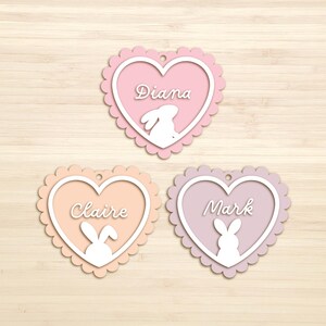 Coeur de lapin festonné Tags SVG, étiquettes de panier de Pâques, fichiers découpés au Laser Glowforge Silhouette Cricut, nom personnalisé porte-clé, bois acrylique