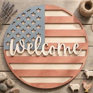 Patriotic USA Flag Welcome Sign SVG DXF, Laser Cut Files Glowforge Cricut, Door Hanger, 4th of July, Stars and Stripes (Digital Download)