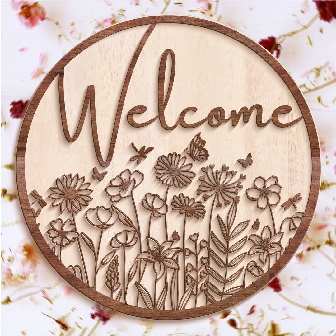 Wildflower Butterfly Welcome Round Sign SVG DXF, Laser Cut Files ...