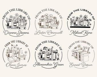 May include: A collection of six circular library stamp designs. Each stamp features a stack of books, flowers, and the phrase "From the Library of" with a different name below. The designs are in black and white.