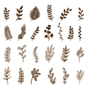 Op de afbeelding: Een set van 20 zwart-witte lijntekeningen van verschillende blad- en takontwerpen. De ontwerpen zijn eenvoudig en elegant en zijn perfect voor gebruik in een verscheidenheid aan creatieve projecten.