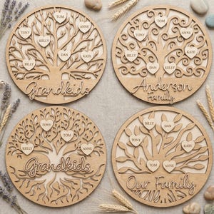 Family Tree Round Sign Bundle SVG DXF, Laser Cut Files Glowforge, Front Door Hanger, Tree of Life Grandkids Name Monogram Members Clipart