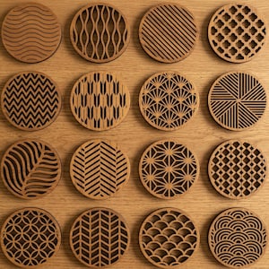 16 Round Japanese Pattern Coasters Bundle SVG DXF, Laser Cut Files Glowforge, Home Kitchen Cafe Coffee Shop Decor, Drink Holder, Asian