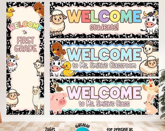 Printable School Farm Animal Banner Template, Canva Editable, 2x6ft Welcome Sign, Wall Door Classroom, Composition (Digital Download)