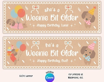 Printable Weenie Bit Older Birthday Banner, 2x6ft Editable Canva Template, Dachshund Wiener Wall Backdrop Party Decor (Digital Download)