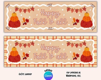 Printable Happy Fall Y'all Banner, 6x2ft Editable Canva Mockup Template, Thanksgiving Photo Prop, Wall Backdrop (Digital Download)
