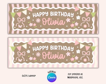 May include: A rectangular birthday banner featuring a brown center with white scalloped edges, pink and white striped borders, and the text "HAPPY BIRTHDAY Olivia". The design includes illustrations of pink bows, flowers, and bunting flags.