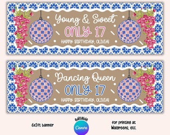 Printable Young and Sweet Only 17 Birthday Banner, 6x2ft Editable Canva Template, Photo Prop Wall Backdrop, Sweet 16 (Digital Download)