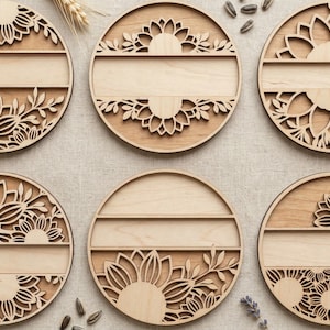 6 Sunflower Monogram SVG DXF Bundle, Laser Cut Files Glowforge Silhouette Cricut, Personalized Name, Round Frame Wreath, Floral Border