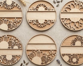 Paquete de 6 monogramas de girasol SVG DXF, archivos cortados con láser Glowforge Silhouette Cricut, nombre personalizado, corona con marco redondo y borde floral.