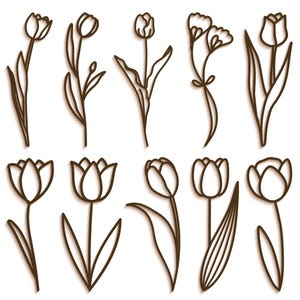 42 Tulip Flowers SVG, file tagliati al laser Glowforge, Silhouette Cricut, linea di contorno di foglie floreali primaverili Farmhouse, San Valentino Festa della mamma