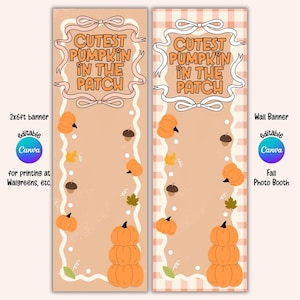 Puede incluir: Dos pancartas verticales con el texto "CUTEST PUMPKIN IN THE PATCH" en letras naranjas dentro de un marco de cinta blanca. Los diseños incluyen calabazas naranjas, bellotas marrones y hojas de otoño sobre fondos color melocotón y cuadros.